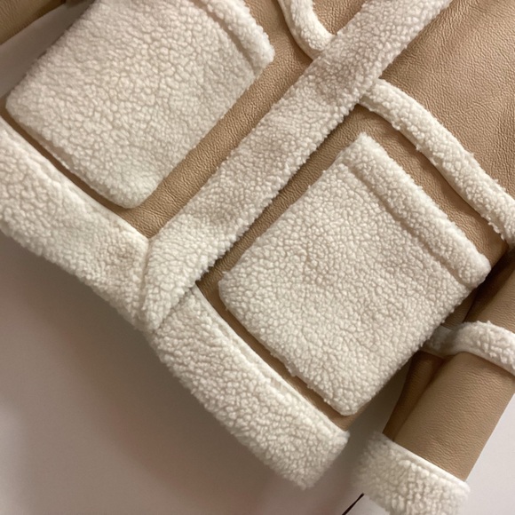 AVEC LES FILLES Colorblock Faux Shearling Snap Button Jacket Coat Tan Size Large - Picture 8 of 16